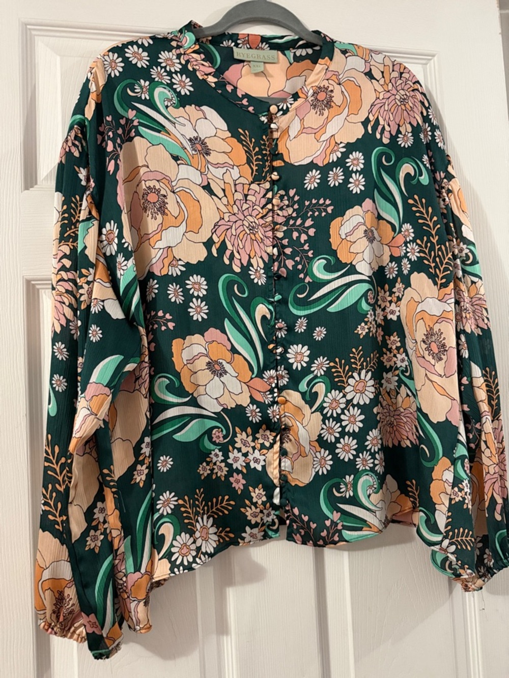Ryegrass Dark Green Floral Button-Front Blouse with Peach Accents Size XXL